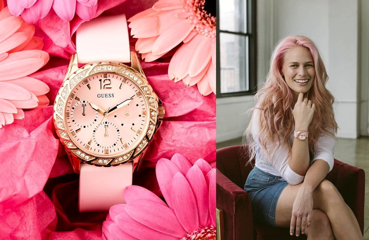  Shop Authentic Guess Sparkling Diamonds Pink Dial Pink Rubber Strap Watch for Women - W0032L9 - Luxxuri