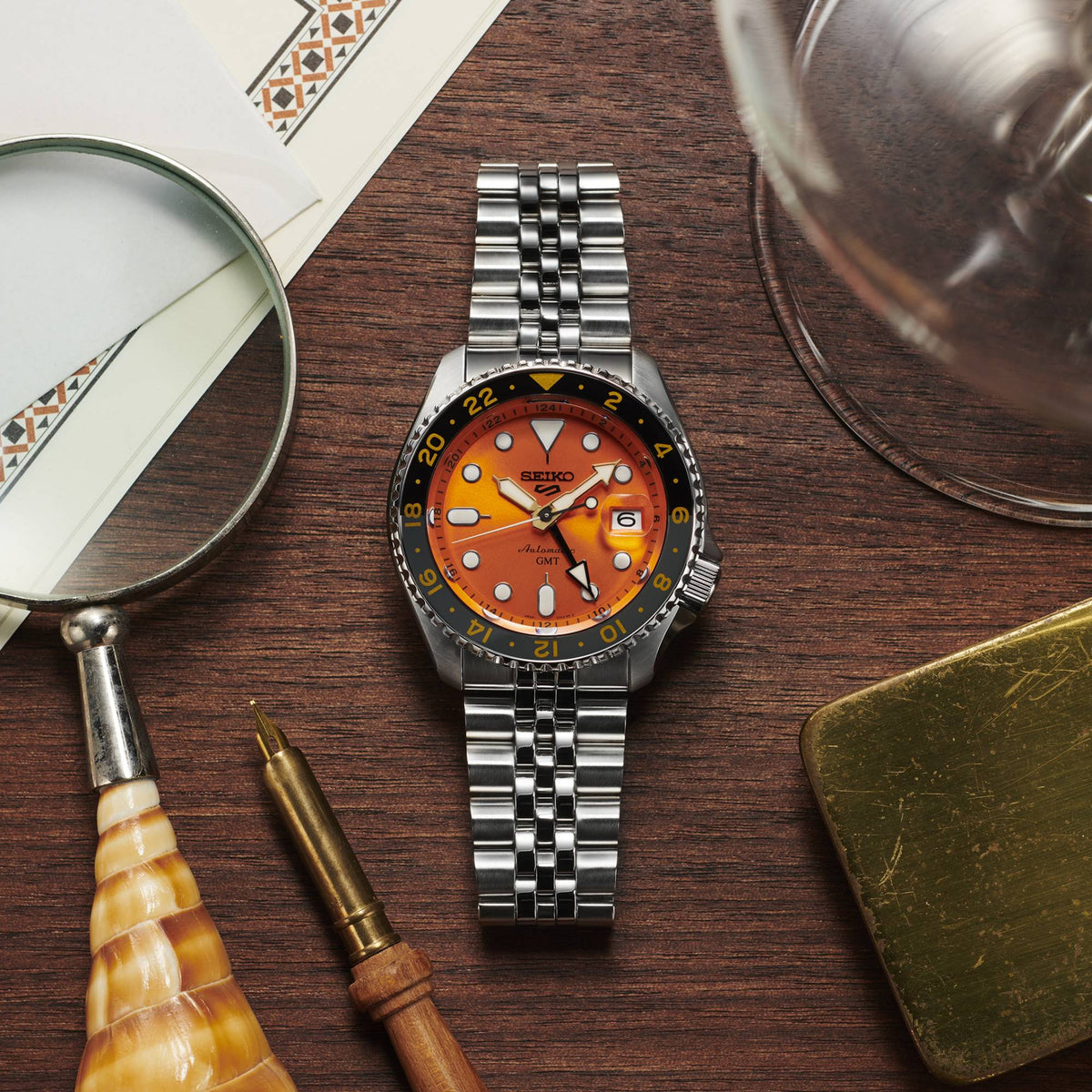 Shop Authentic Seiko 5 Sports GMT Automatic Orange Dial Silver Steel Strap Watch For Men - SSK005K1 - Luxxuri