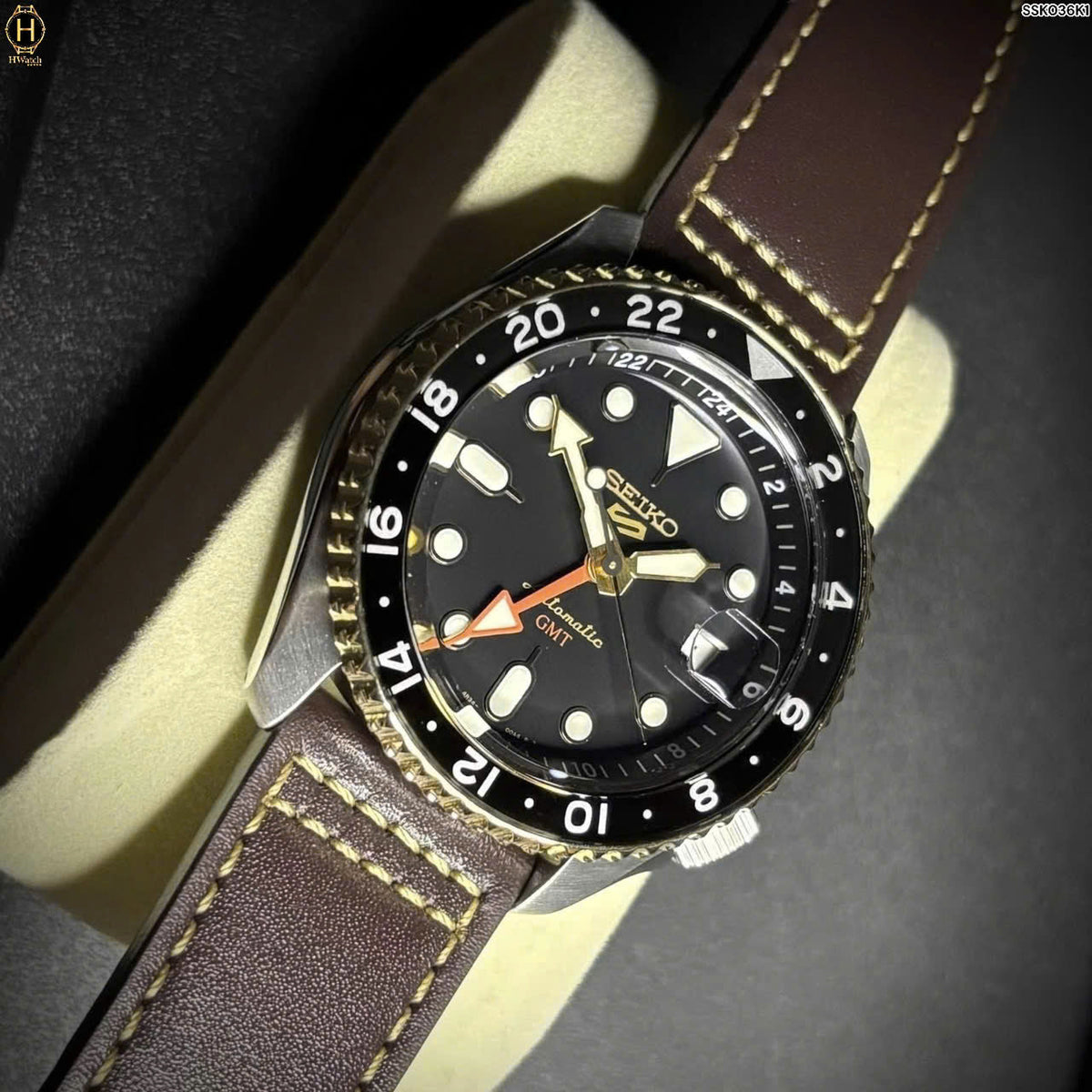  Shop Authentic Seiko 5 Sports SKX GMT Automatic Mocha Black Dial Brown Leather Strap Watch For Men - SSK036K1 - Luxxuri