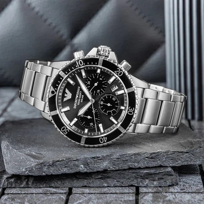 Emporio Armani World Explorer Black Dial Silver Steel Strap Watch for Men - AR11739