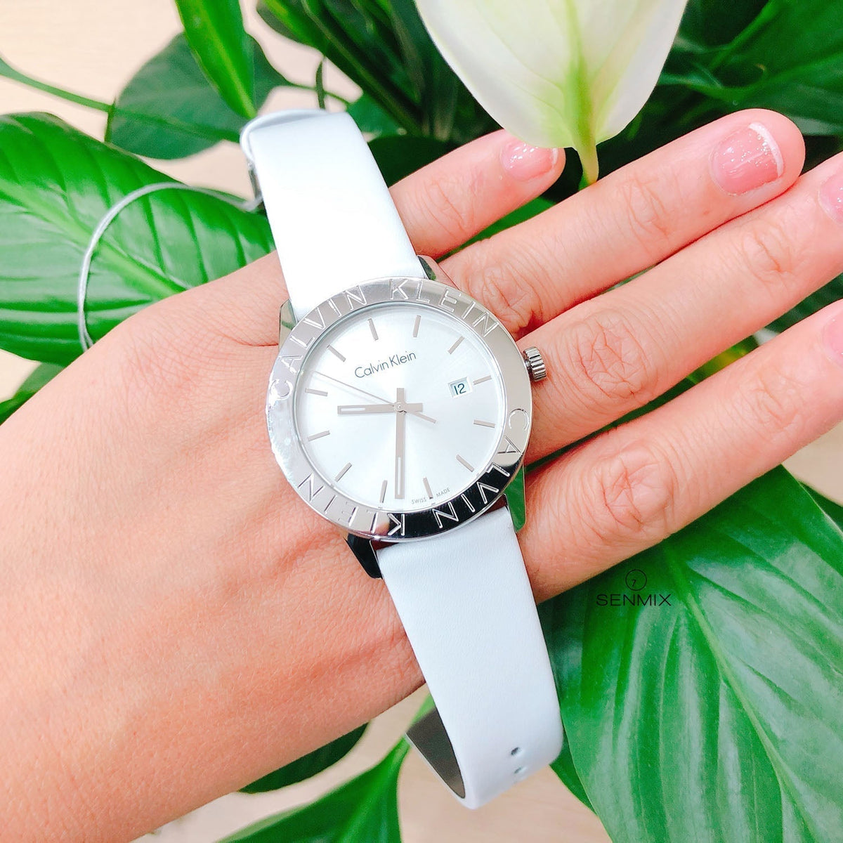  Shop Authentic Calvin Klein Steady Silver Dial White Leather Strap Watch for Women - K7Q211L6 - Luxxuri