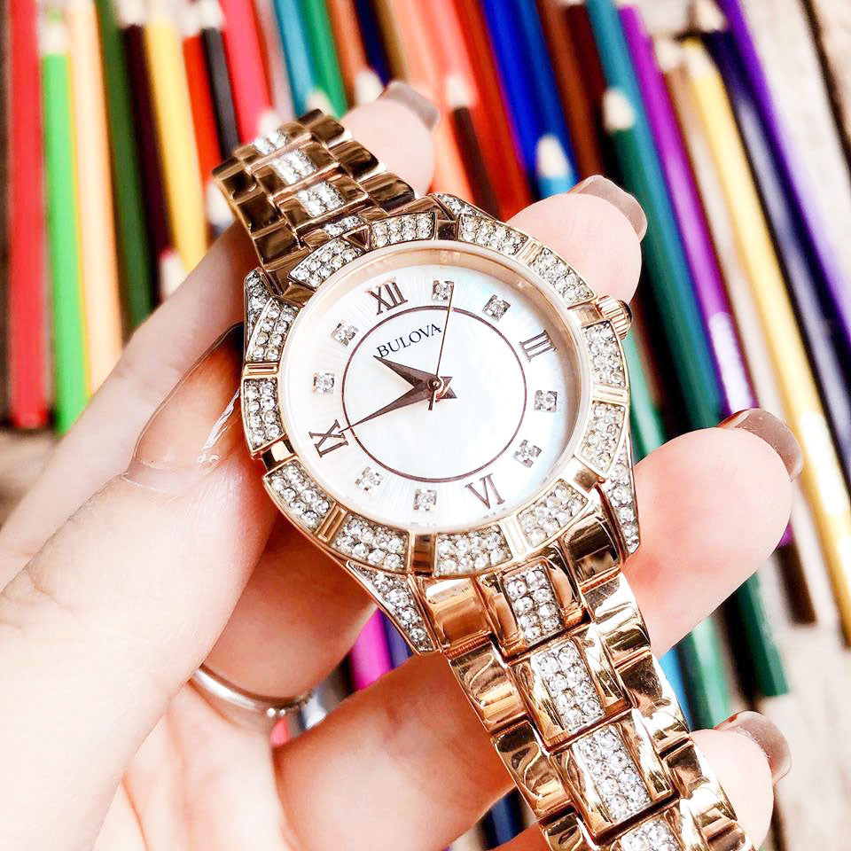  Shop Authentic Bulova Crystal Mother of Pearl Dial Rose Gold Steel Strap Watch for Women - 98L197 - Luxxuri