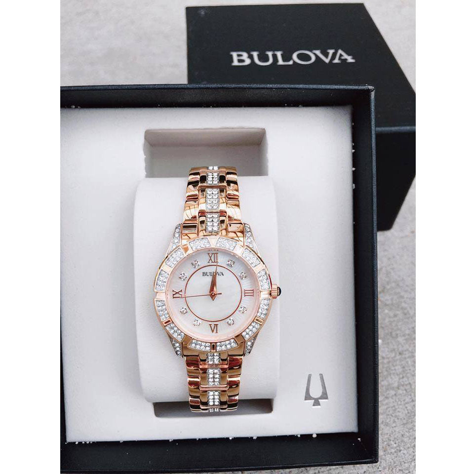  Shop Authentic Bulova Crystal Mother of Pearl Dial Rose Gold Steel Strap Watch for Women - 98L197 - Luxxuri