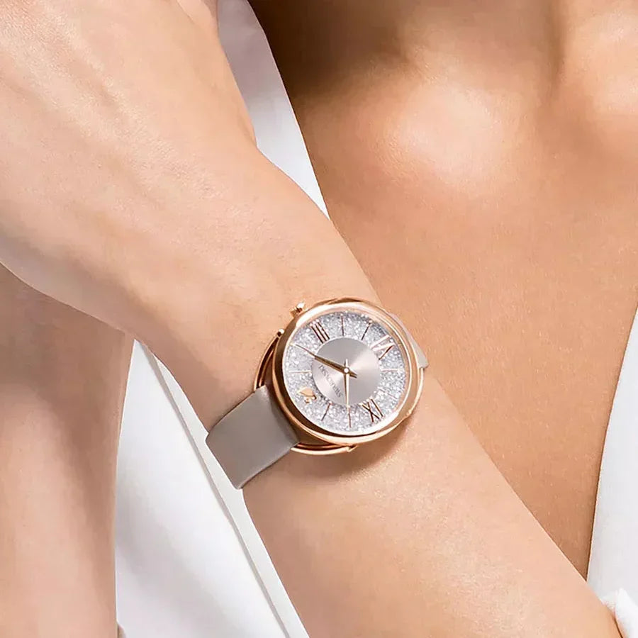  Shop Authentic Swarovski Crystalline Glam Silver Dial Grey Leather Strap Watch for Women - 5452455 - Luxxuri