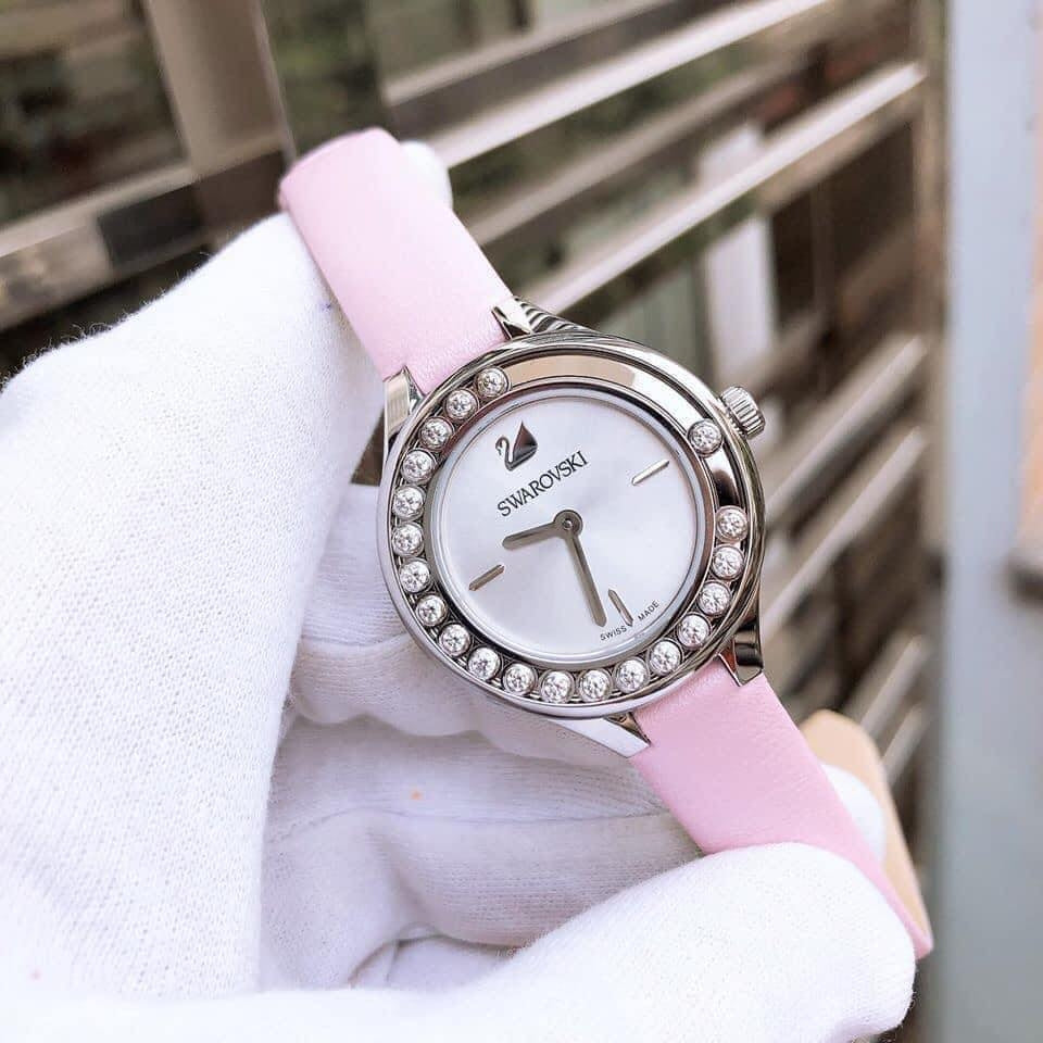  Shop Authentic Swarovski Lovely Crystals Silver Dial Pink Leather Strap Watch for Women - 5261493 - Luxxuri