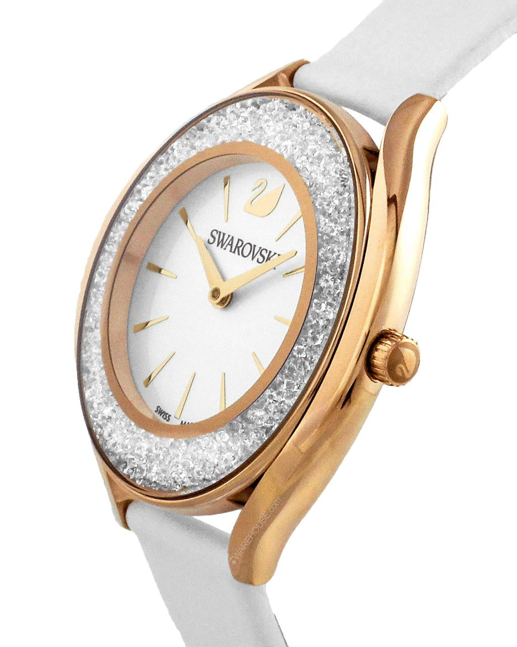  Shop Authentic Swarovski Crystalline Aura Silver Dial White Leather Strap Watch for Women - 5519453 - Luxxuri