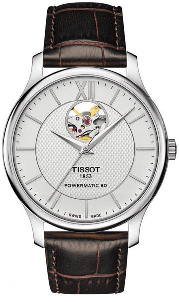  Shop Authentic Tissot T Classic Tradition Powermatic 80 Open Heart Silver Dial Brown Leather Strap Watch for Men - T063.907.16.038.00 - Luxxuri