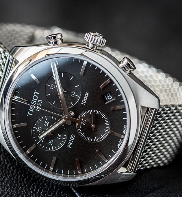  Shop Authentic Tissot PR 100 Chronograph Black Dial Silver Mesh Bracelet Watch For Men - T101.417.11.051.01 - Luxxuri