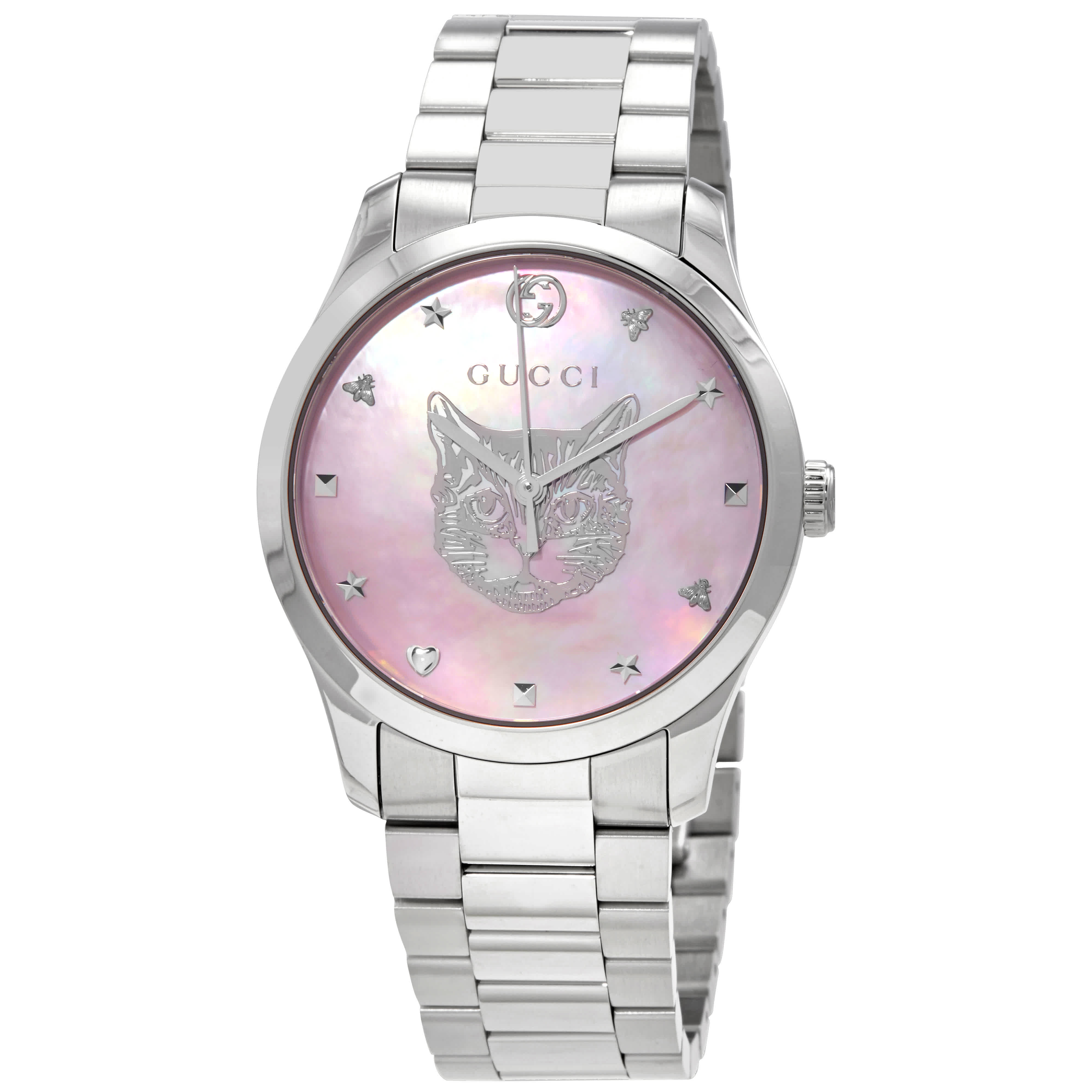  Shop Authentic Gucci G Timeless Quartz Mother of Pearl Pink Dial Silver Steel Strap Watch for Women - YA1264166 - Luxxuri
