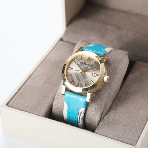  Shop Authentic Burberry Heritage Gold Dial Blue Leather Strap Watch for Women - BU9112 - Luxxuri