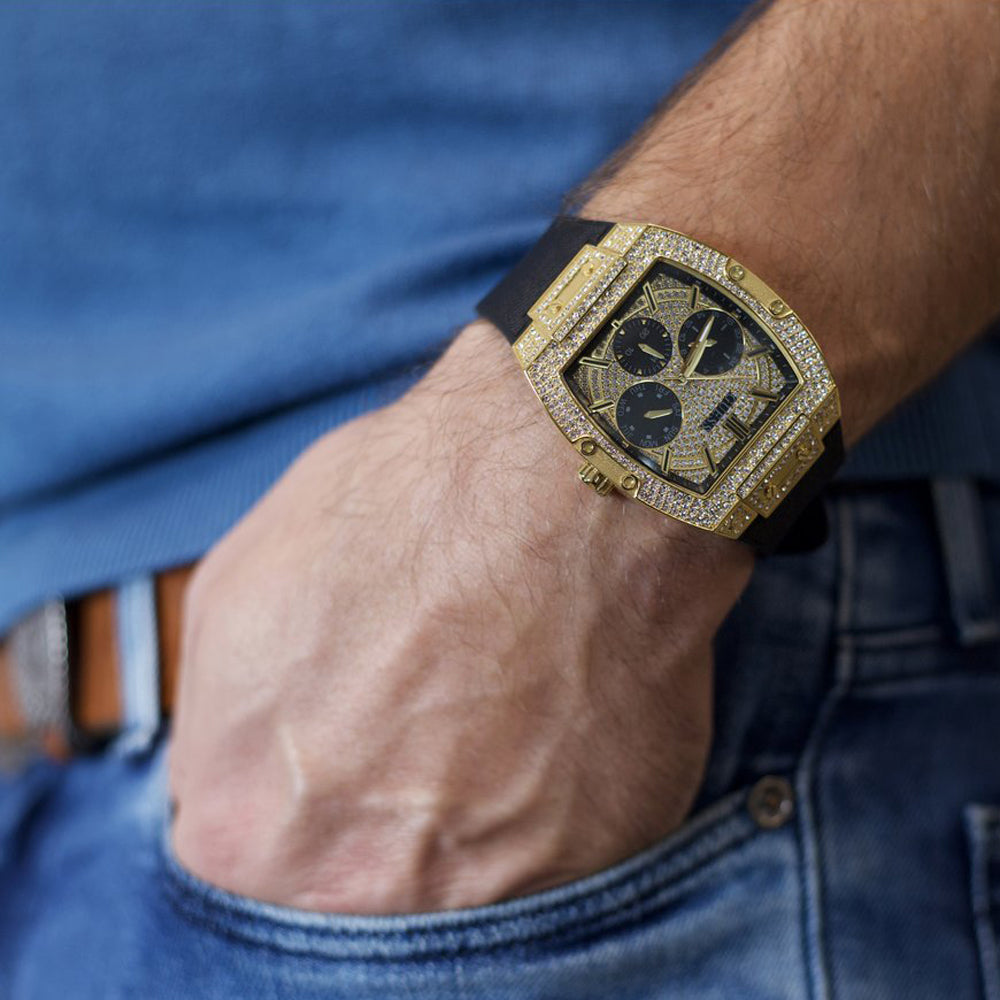  Shop Authentic Guess Phoenix Multifunction Crystals Gold Dial Black Silicone Strap Watch For Men - GW0048G2 - Luxxuri
