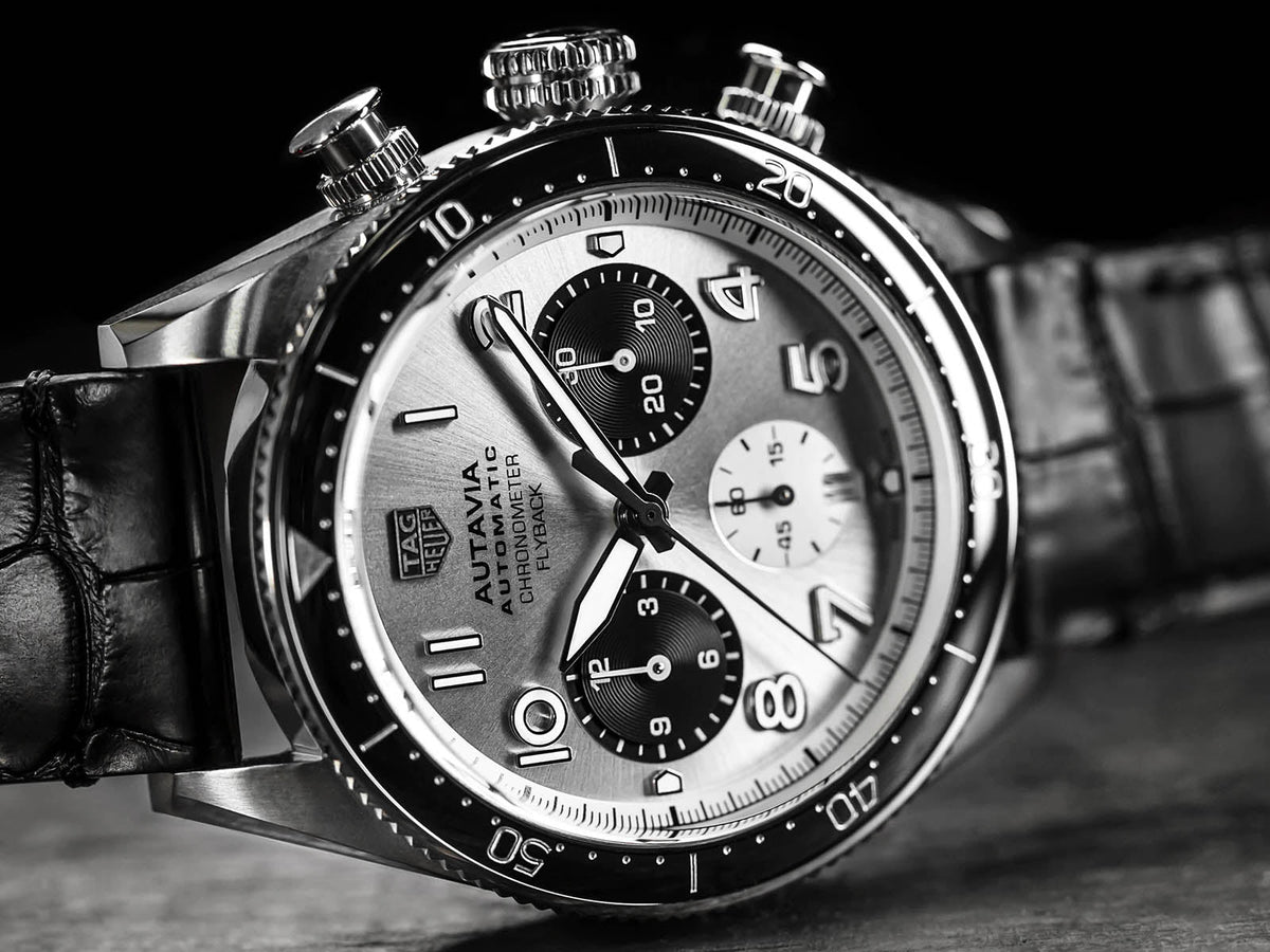  Shop Authentic Tag Heuer Autavia Chronometer Flyback Chronograph Silver Dial Black Leather Strap Watch for Men - CBE511B.FC8279 - Luxxuri