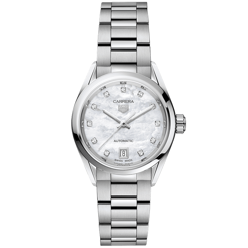  Shop Authentic Tag Heuer Carrera Diamonds Mother of Pearl Dial Silver Steel Strap Watch for Women - WBN2412.BA0621 - Luxxuri