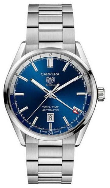  Shop Authentic Tag Heuer Carrera Twin Time Blue Dial Silver Steel Strap Watch for Men - WBN201A.BA0640 - Luxxuri