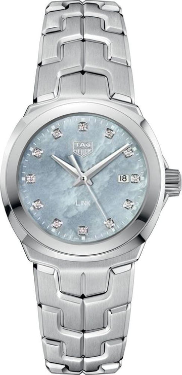  Shop Authentic Tag Heuer Link Quartz Diamonds Blue Mother of Pearl Dial Silver Steel Strap Watch for Women - WBC1313.BA0600 - Luxxuri