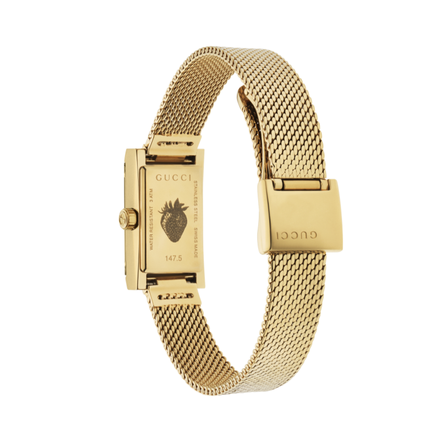  Shop Authentic Gucci G Frame Quartz Diamonds White Red Blue Dial Gold Mesh Bracelet Watch For Women - YA147511 - Luxxuri