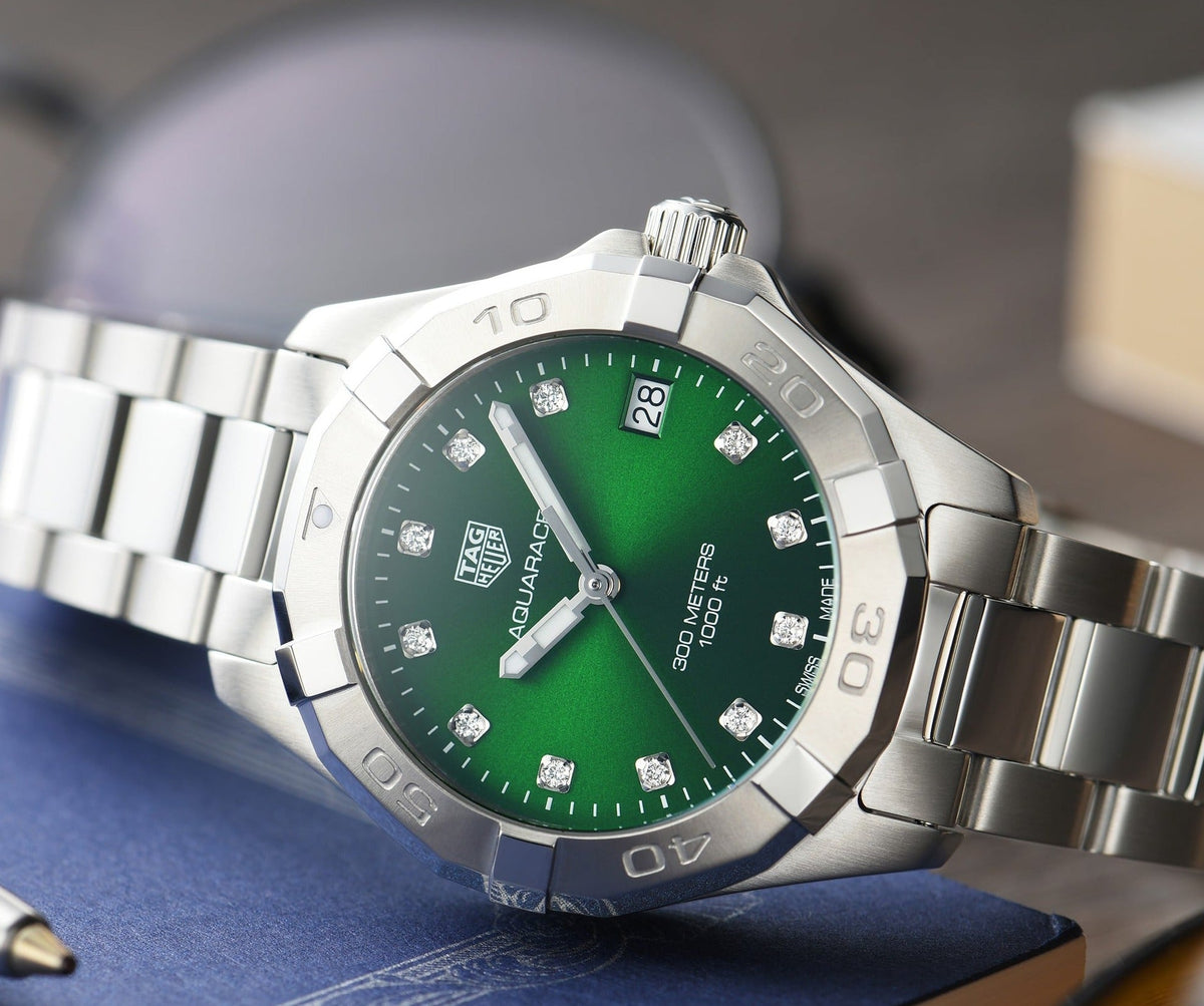 Shop Authentic Tag Heuer Aquaracer Diamonds Emerald Green Dial Silver Steel Strap Watch for Women - WBD1316.BA0740 - Luxxuri