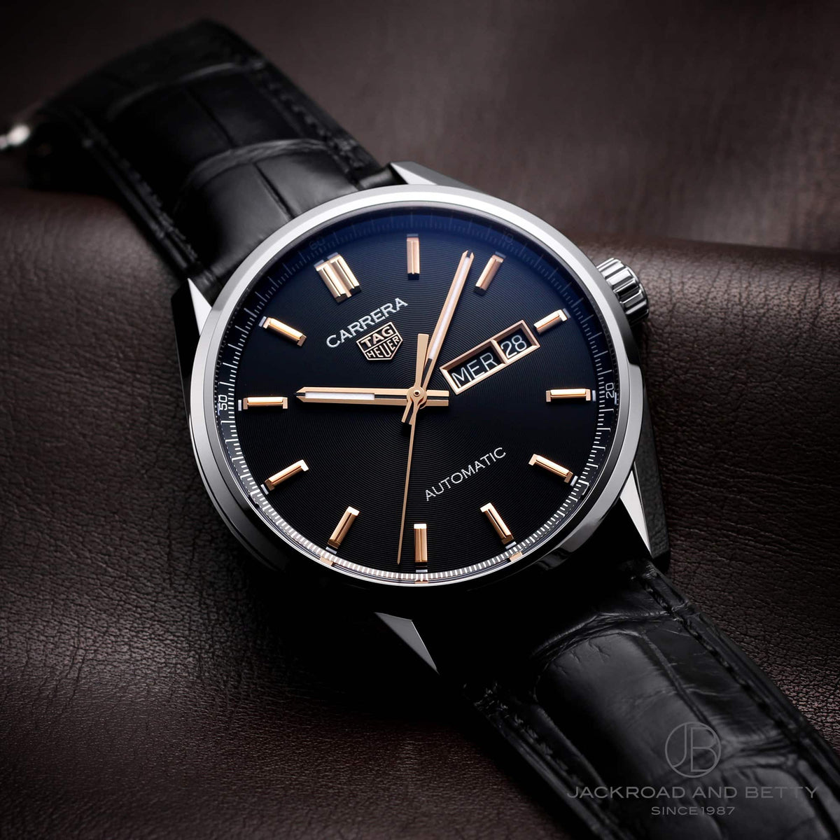  Shop Authentic Tag Heuer Carrera Day Date Black Dial Black Leather Strap Watch for Men - WBN2013.FC6503 - Luxxuri