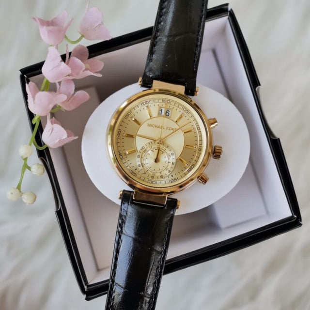  Shop Authentic Michael Kors Sawyer Champagne Dial Black Leather Strap Watch for Women - MK2433 - Luxxuri