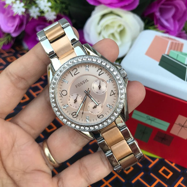  Shop Authentic Fossil Riley Multifunction Rose Gold Dial Two Tone Steel Strap Watch for Women - ES4145 - Luxxuri