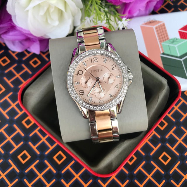  Shop Authentic Fossil Riley Multifunction Rose Gold Dial Two Tone Steel Strap Watch for Women - ES4145 - Luxxuri