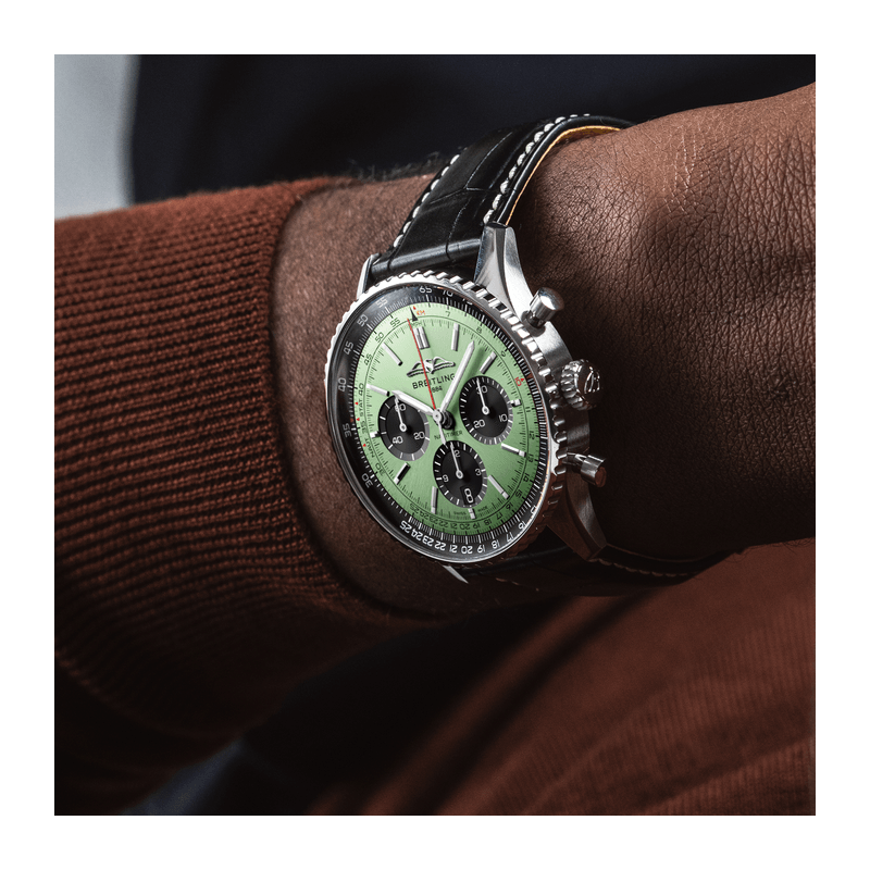  Shop Authentic Breitling Navitimer B01 Chronograph 43 Green Dial Black Leather Strap Watch for Men - AB0138241L1P1 - Luxxuri