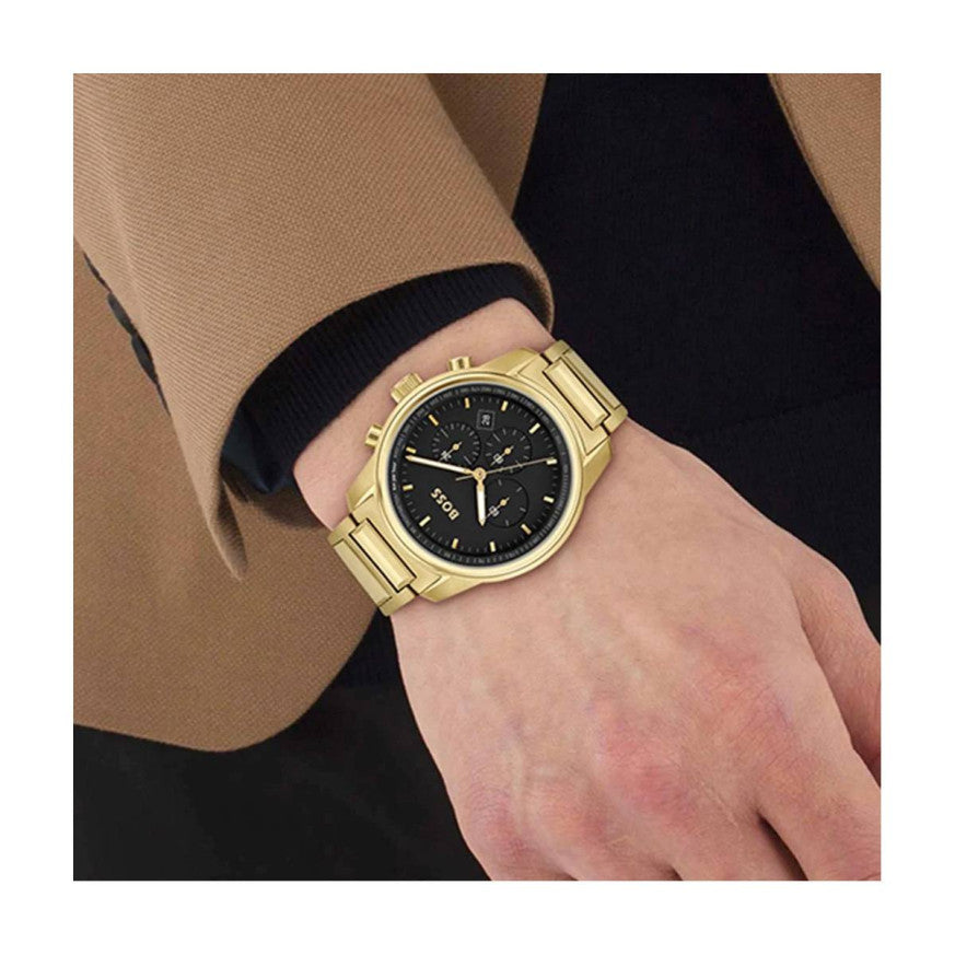  Shop Authentic Hugo Boss Trace Chronograph Black Dial Gold Steel Strap Watch For Men - 1514006 - Luxxuri