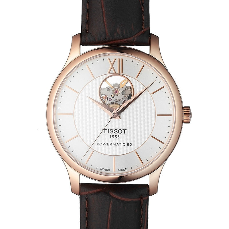  Shop Authentic Tissot Tradition Powermatic 80 Open Heart Silver Dial Brown Leather Strap Watch For Men - T063.907.36.038.00 - Luxxuri