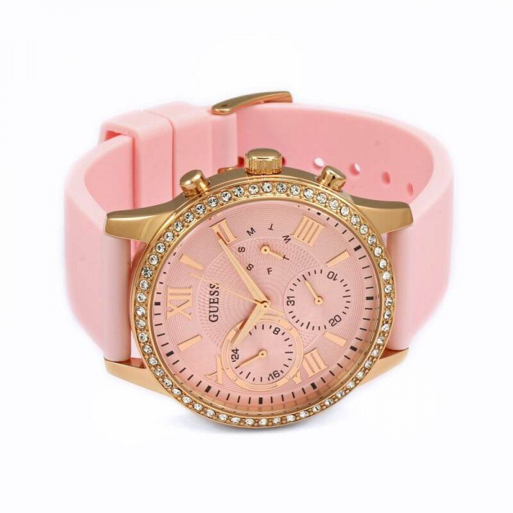  Shop Authentic Guess Solar Rose Gold Dial Pink Rubber Strap Watch For Women - W1135L2 - Luxxuri