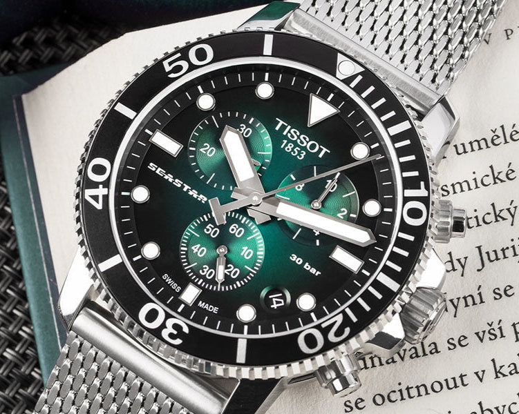  Shop Authentic Tissot Seastar 1000 Chronograph Green Dial Silver Mesh Bracelet Watch For Men - T120.417.11.091.00 - Luxxuri