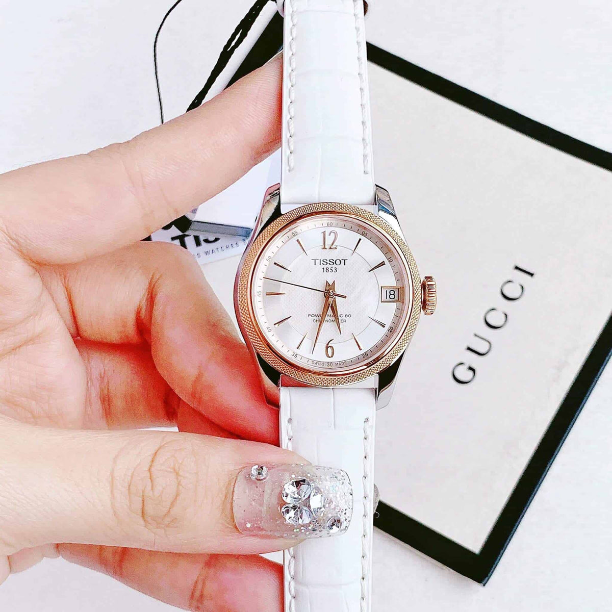  Shop Authentic Tissot T-Classic Powermatic 80 Mother of Pearl Silver Dial White Leather Strap Watch For Women - T108.208.26.117.00 - Luxxuri