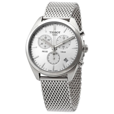  Shop Authentic Tissot PR 100 Chronograph White Dial Silver Mesh Bracelet Watch For Men - T101.417.11.031.02 - Luxxuri