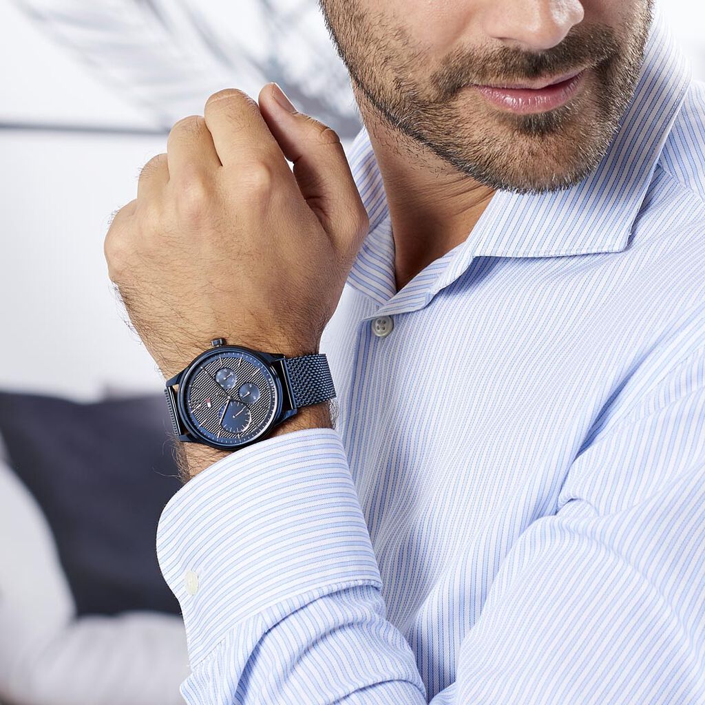  Shop Authentic Tommy Hilfiger Damon Quartz Blue Dial Blue Mesh Bracelet Watch for Men - 1791421 - Luxxuri