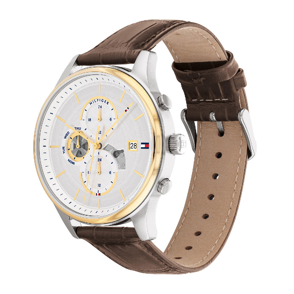  Shop Authentic Tommy Hilfiger Weston Chronograph Silver Dial Brown Leather Strap Watch For Men - 1710501 - Luxxuri