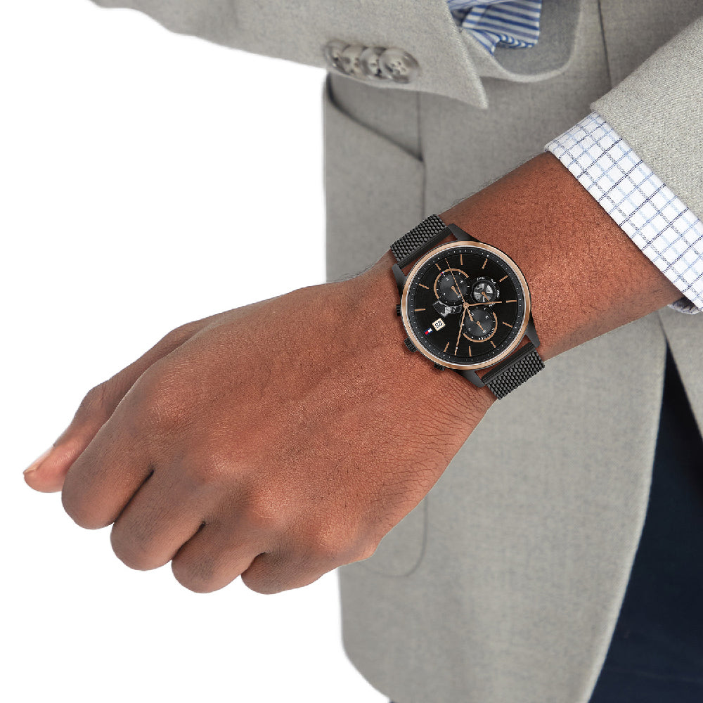  Shop Authentic Tommy Hilfiger Weston Chronograph Black Dial Black Mesh Bracelet Watch For Men - 1710505 - Luxxuri