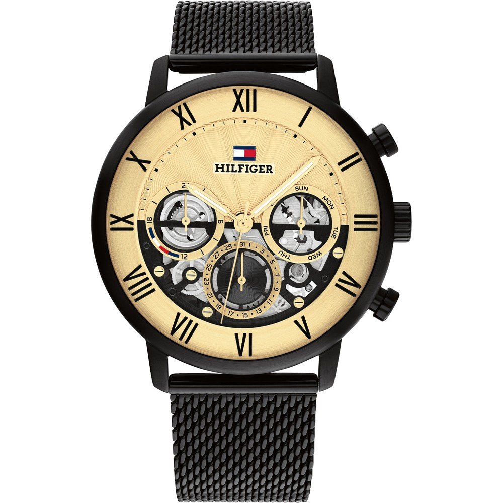  Shop Authentic Tommy Hilfiger Legend Chronograph Gold Dial Black Mesh Bracelet Watch For Men - 1710568 - Luxxuri