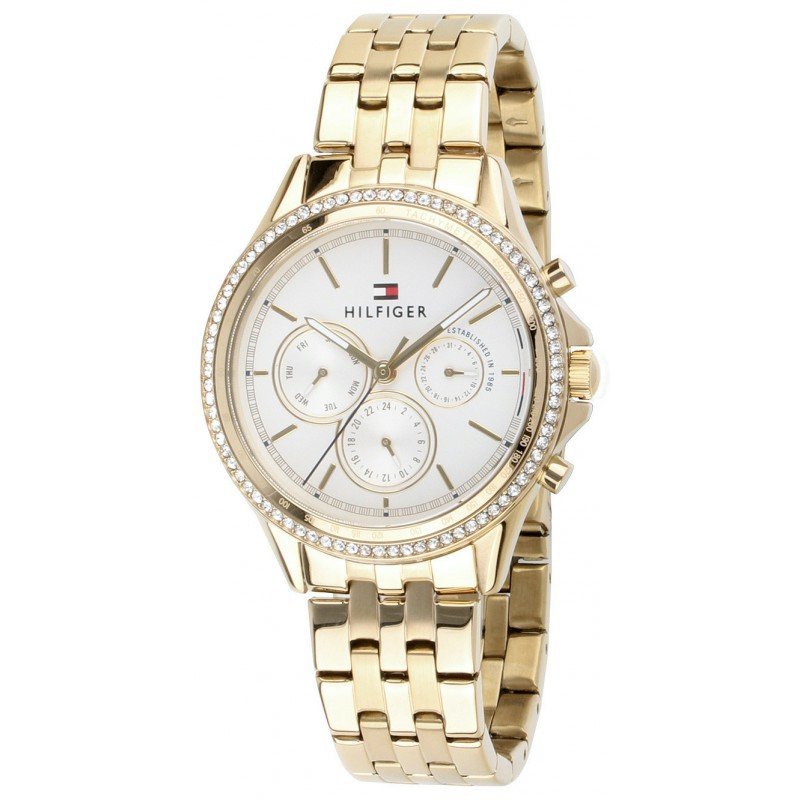  Shop Authentic Tommy Hilfiger Ari Multifunction Diamonds Silver Dial Gold Steel Strap Watch for Women - 1781977 - Luxxuri