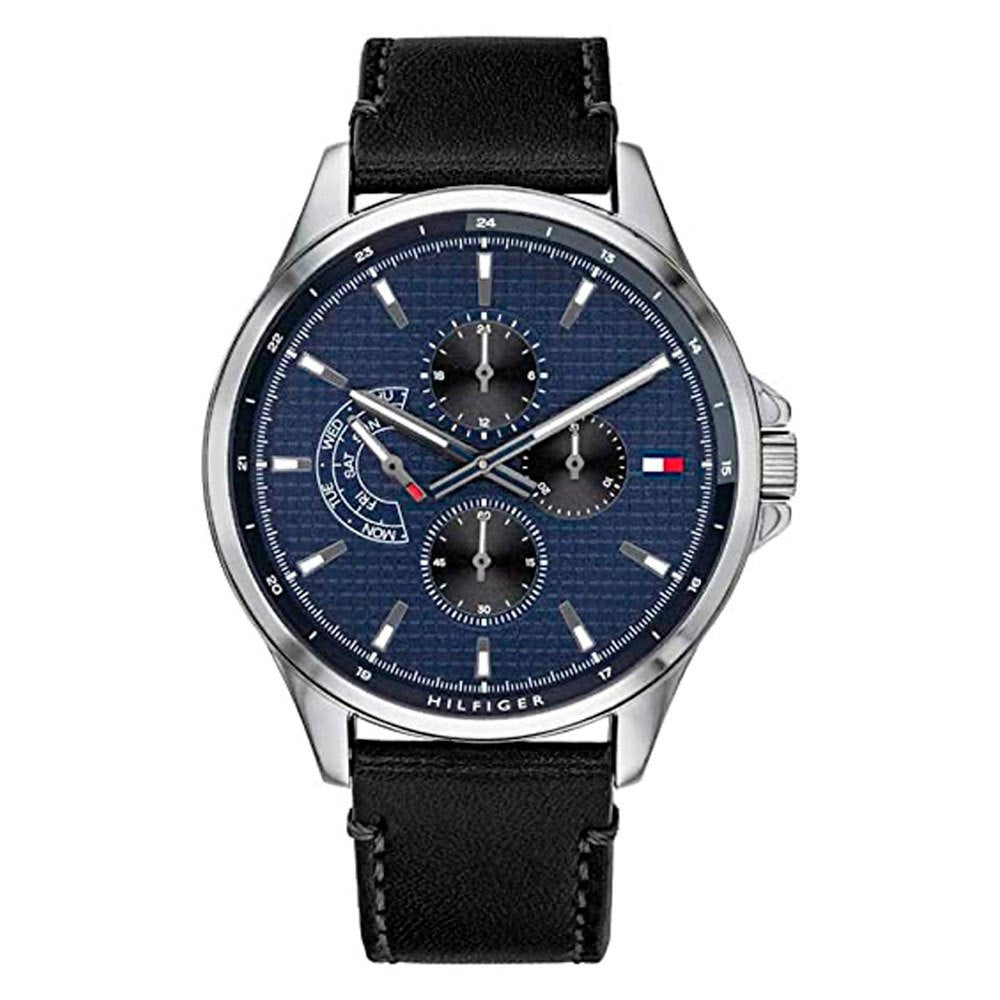  Shop Authentic Tommy Hilfiger Shawn Multifunction Quartz Blue Dial Black Leather Strap Watch for Men - 1791616 - Luxxuri