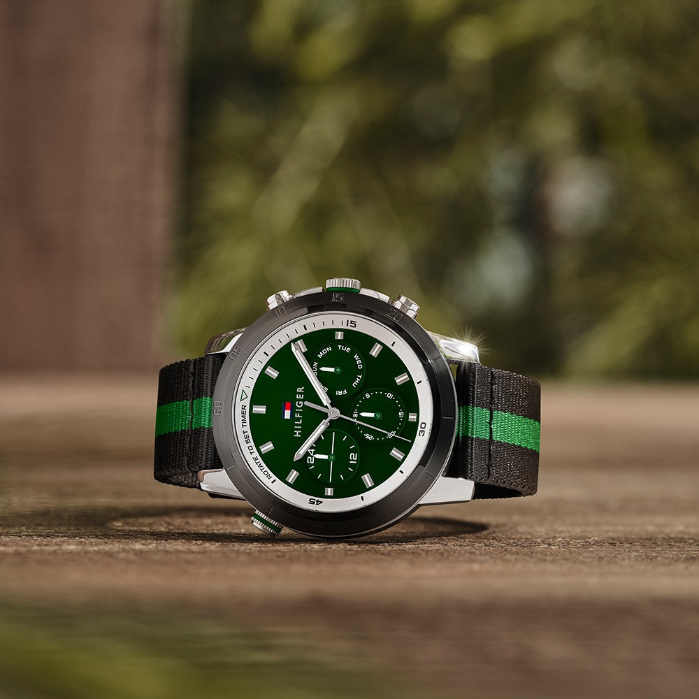  Shop Authentic Tommy Hilfiger Troy Chronograph Green Dial Two Tone Nylon Strap Watch For Men - 1792107 - Luxxuri