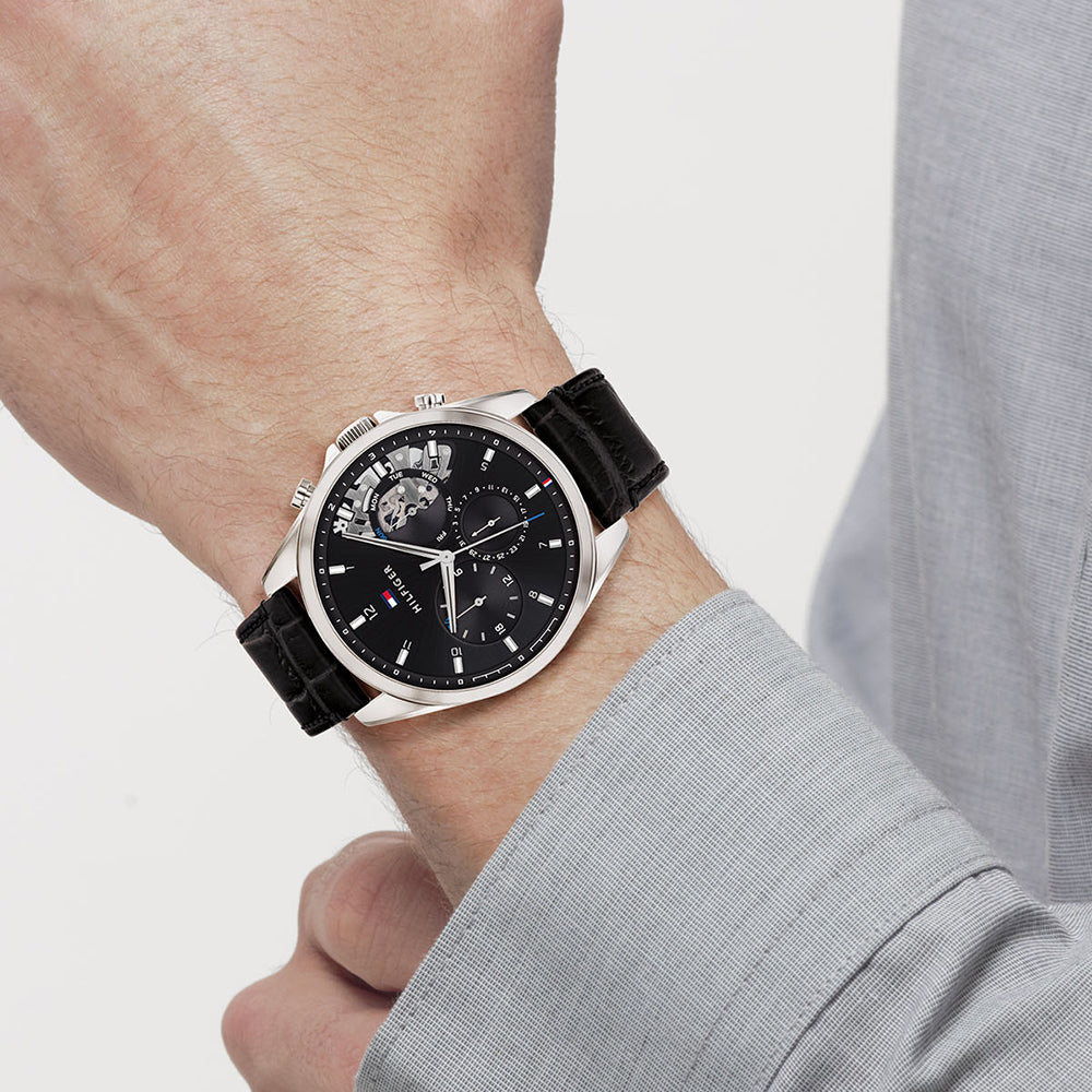  Shop Authentic Tommy Hilfiger Baker Chronograph Black Dial Black Leather Strap Watch For Men - 1710449 - Luxxuri