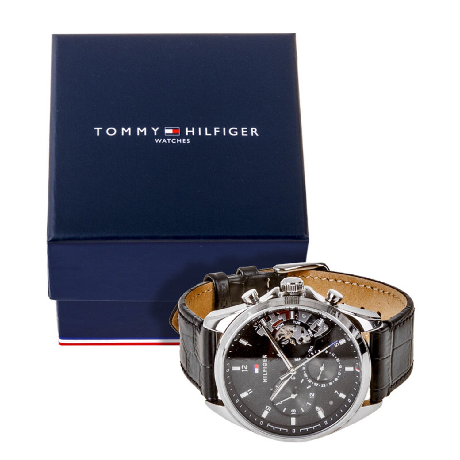  Shop Authentic Tommy Hilfiger Baker Chronograph Black Dial Black Leather Strap Watch For Men - 1710449 - Luxxuri