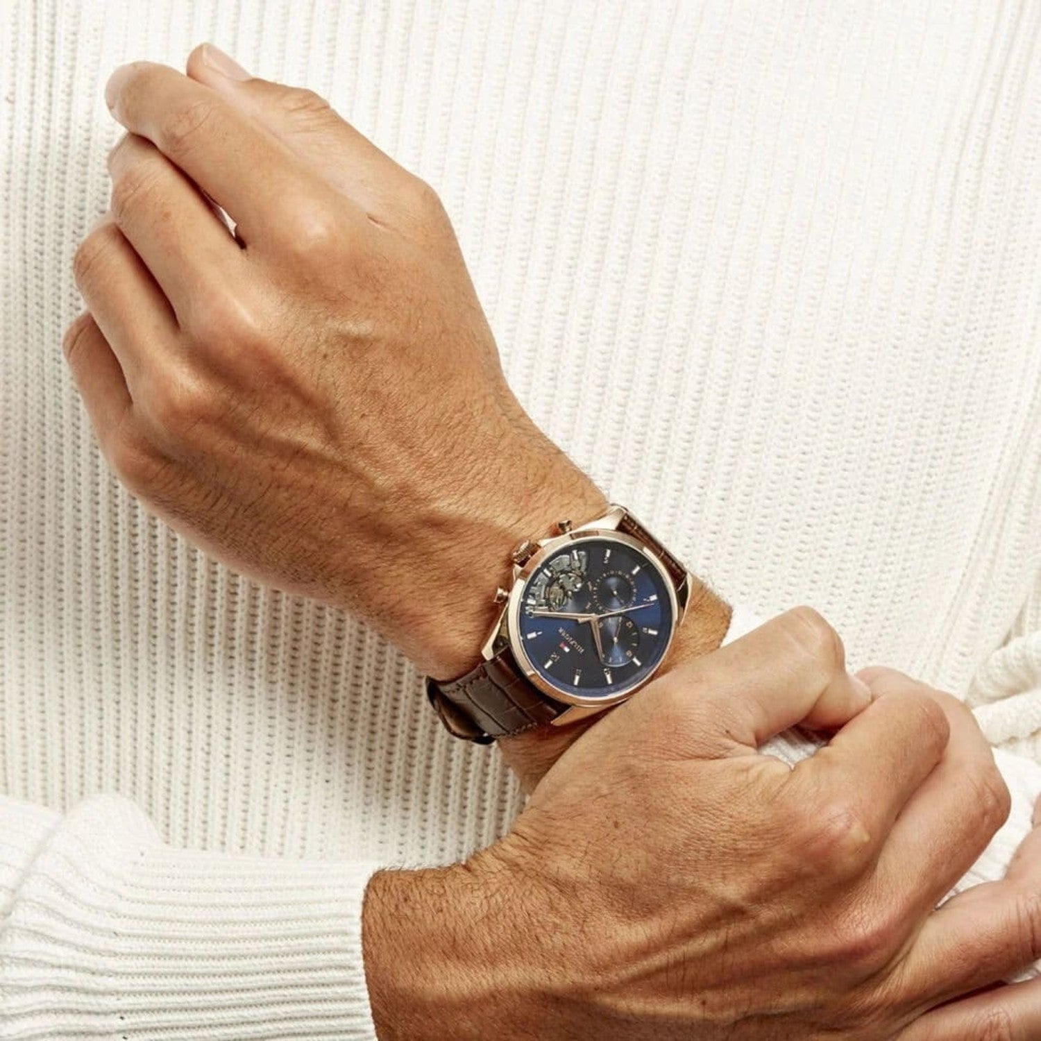  Shop Authentic Tommy Hilfiger Baker Chronograph Blue Dial Brown Leather Strap Watch For Men - 1710453 - Luxxuri