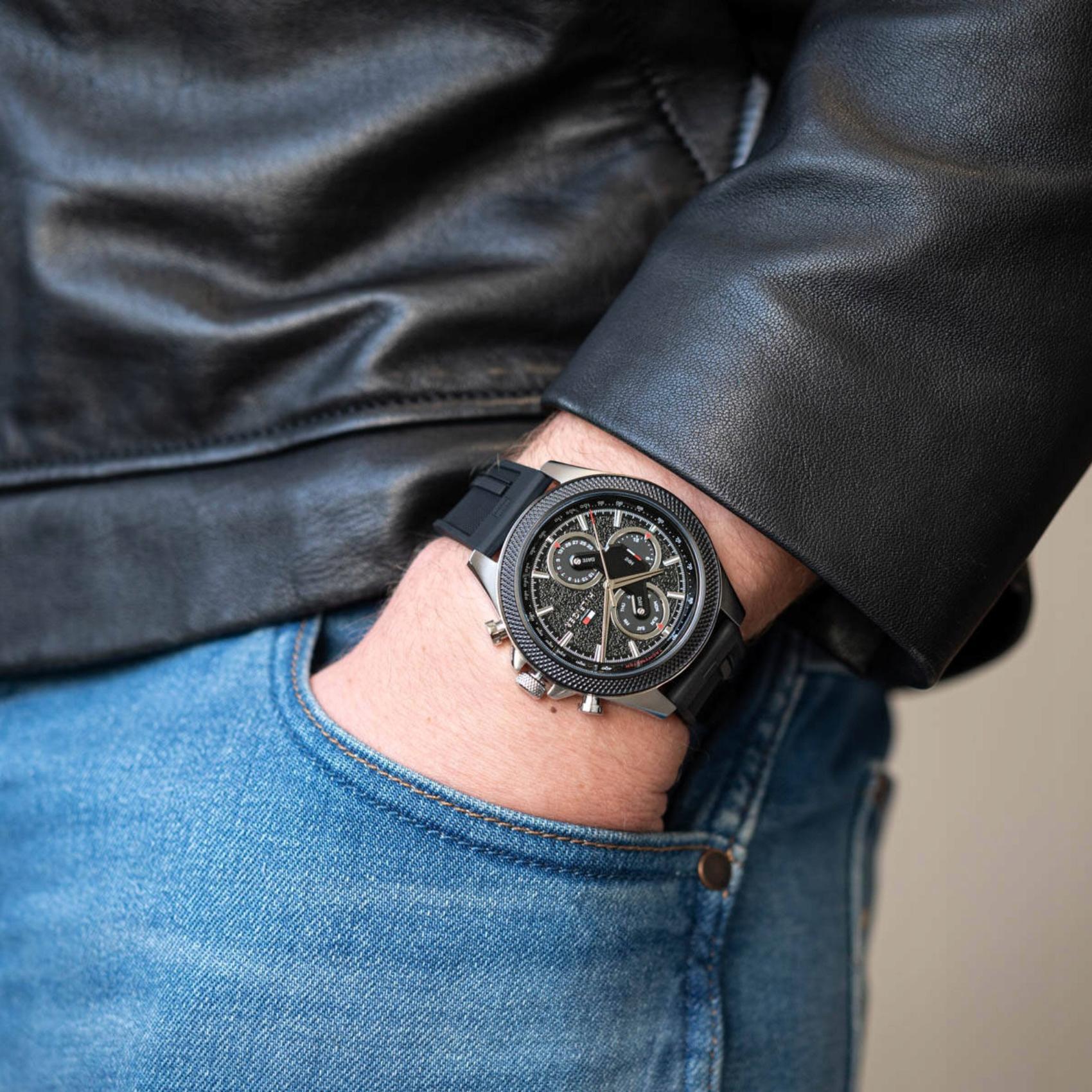  Shop Authentic Tommy Hilfiger Clark Chronograph Black Dial Black Rubber Strap Watch For Men - 1792082 - Luxxuri