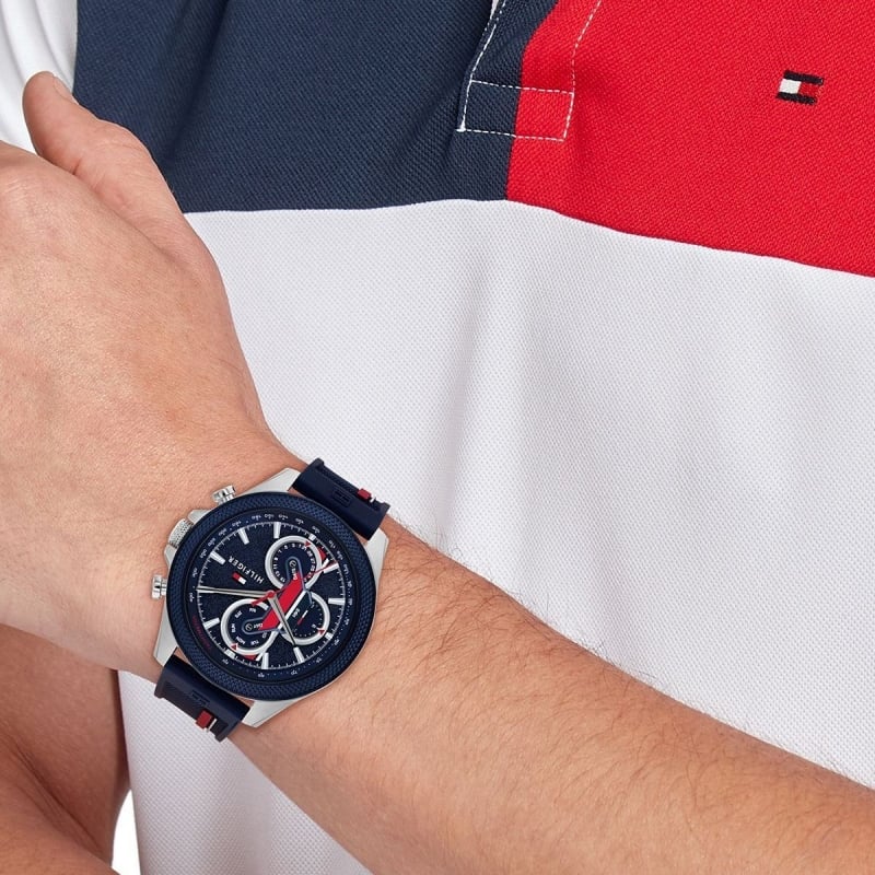  Shop Authentic Tommy Hilfiger Clark Chronograph Blue Dial Black Leather Strap Watch For Men - 1792083 - Luxxuri