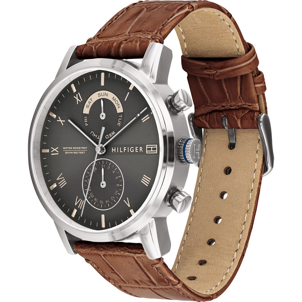  Shop Authentic Tommy Hilfiger Kane Grey Dial Brown Leather Strap Watch for Men - 1710398 - Luxxuri