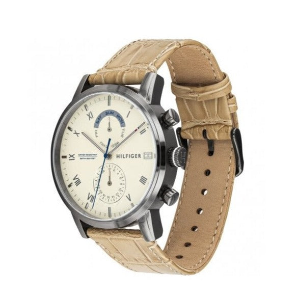  Shop Authentic Tommy Hilfiger Kane White Dial Beige Leather Strap Watch for Men - 1710399 - Luxxuri