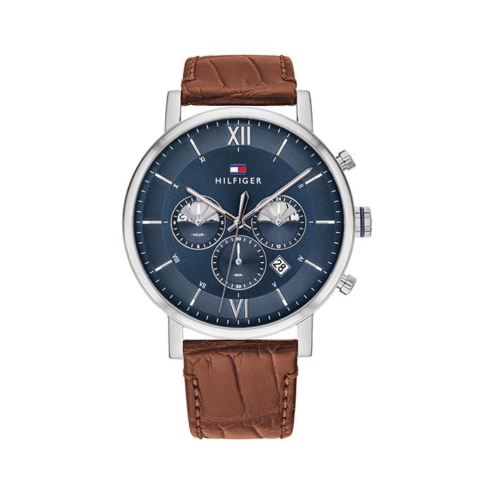  Shop Authentic Tommy Hilfiger Evan Chronograph Blue Dial Brown Leather Strap Watch for Men - 1710393 - Luxxuri