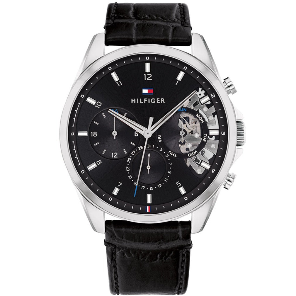  Shop Authentic Tommy Hilfiger Baker Chronograph Black Dial Black Leather Strap Watch For Men - 1710449 - Luxxuri