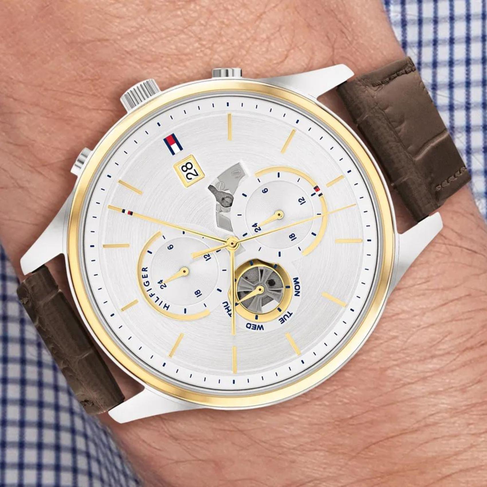  Shop Authentic Tommy Hilfiger Weston Chronograph Silver Dial Brown Leather Strap Watch For Men - 1710501 - Luxxuri