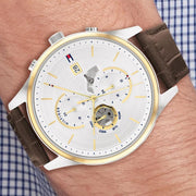  Shop Authentic Tommy Hilfiger Weston Chronograph Silver Dial Brown Leather Strap Watch For Men - 1710501 - Luxxuri